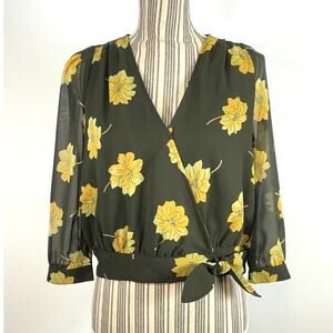 Madewell Effie Green Floral Wrap Top 3/4 Sleeve Sheer Sleeves Size Small
